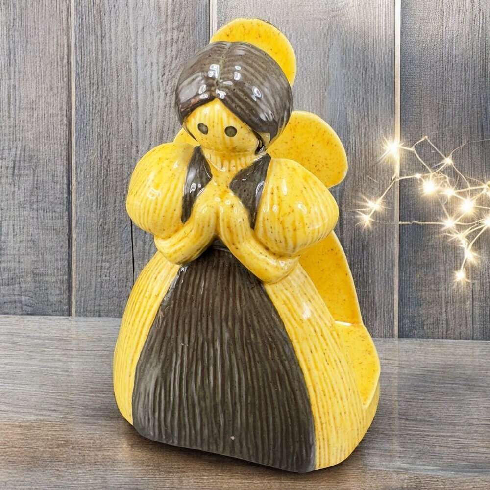 Vintage 1980s Hand Painted Folk Art Girl Woman Napkin Holder Signed Ceramic VTG